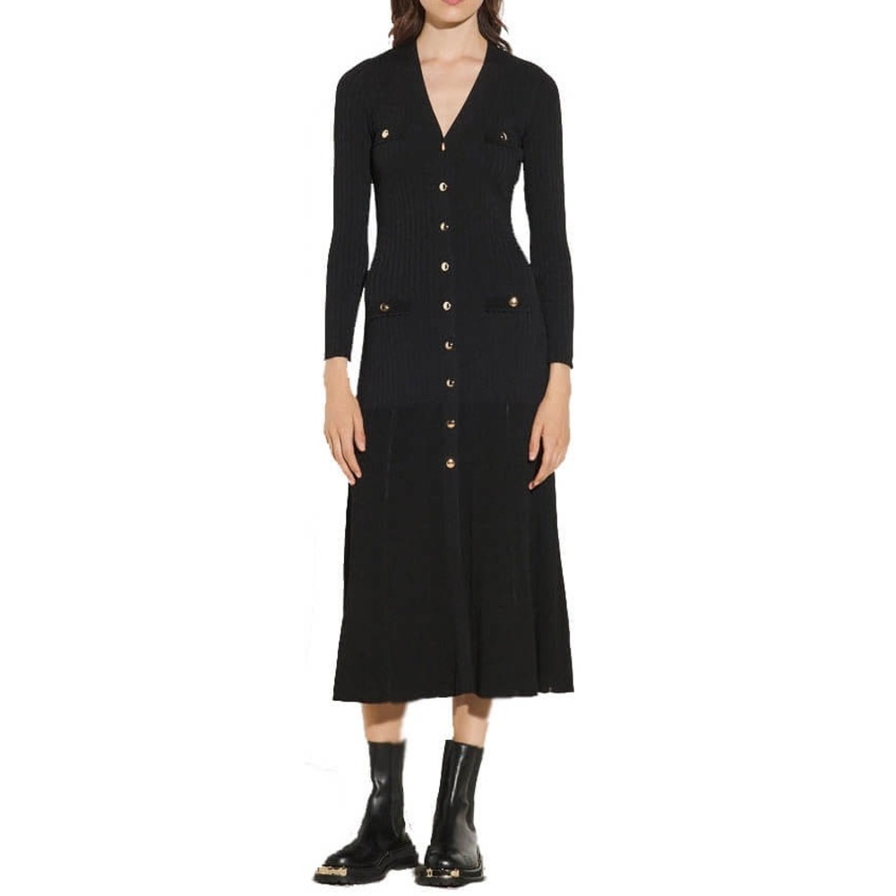 Sandro Jannel Long Button Up Cardigan Dress Knit Ribbed Black Size 40